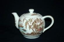 Brown Polychrome Transferware Musical Teapot / Chinoiserie