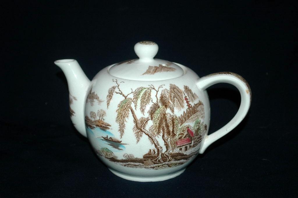 Brown Polychrome Transferware Musical Teapot / Chinoiserie