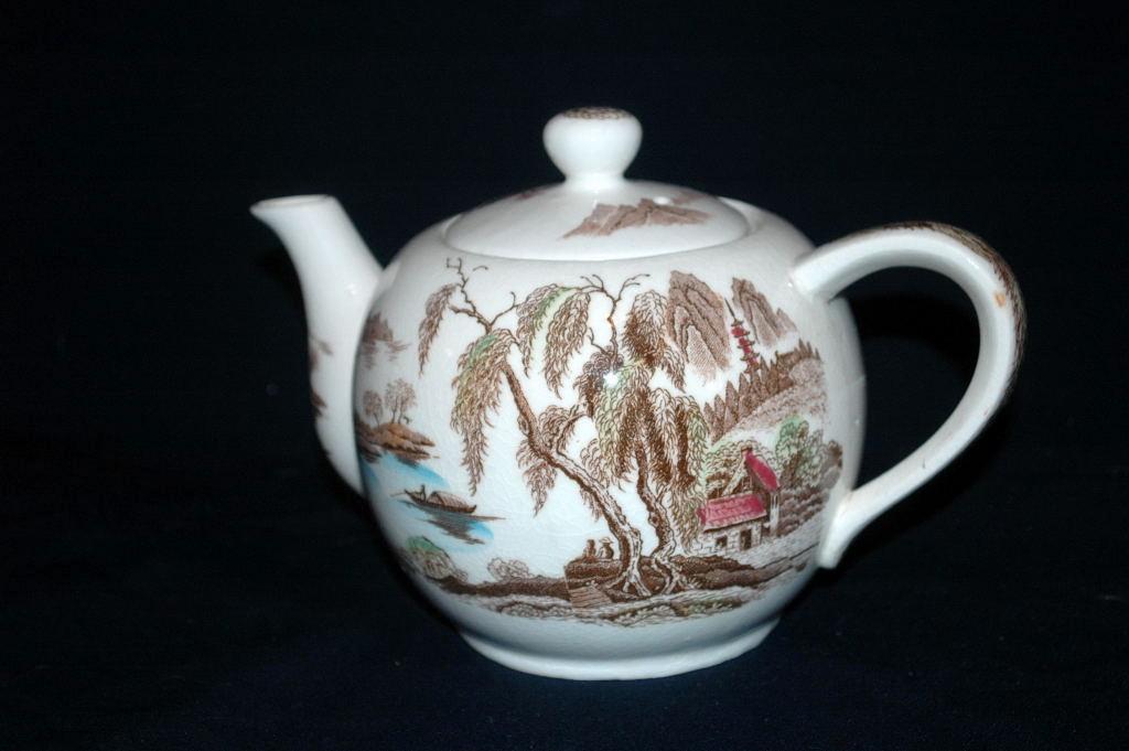 Brown Polychrome Transferware Musical Teapot / Chinoiserie