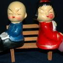 Kissing Oriental / Asian Boy Girl Salt Pepper Shakers Bench Sitters / Composition construction FREE SHIPPING