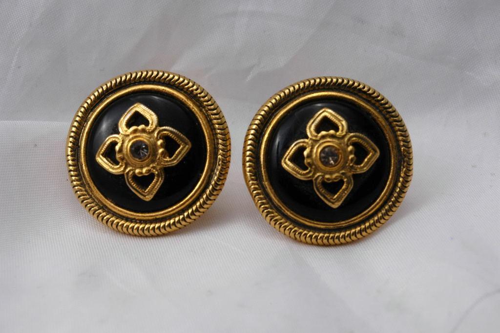 Ben Amun Black Obsidian Crystal and Gold Clip On Earrings Free Shipping