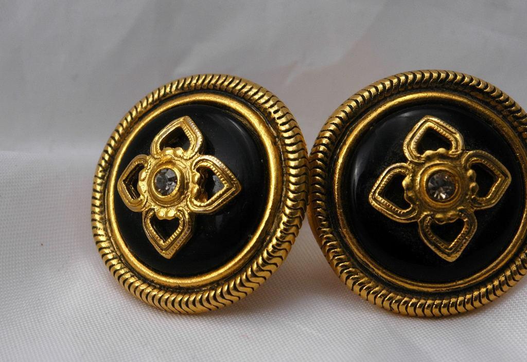 Ben Amun Black Obsidian Crystal and Gold Clip On Earrings Free Shipping