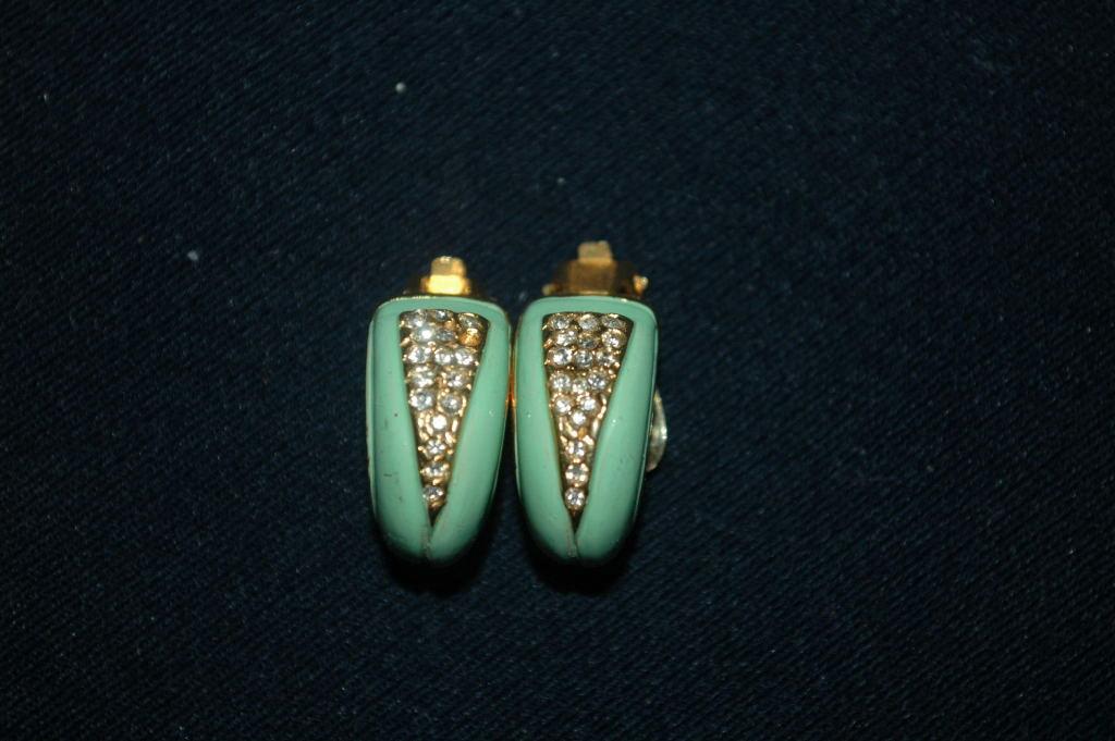 Darling 1/2 circle Green Enamal & Pave Crystal Earrings vintage Free Shipping