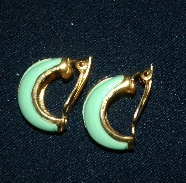 Darling 1/2 circle Green Enamal & Pave Crystal Earrings vintage Free Shipping