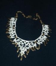 White Enamel Filigree ( Lattice Work) Necklace with Gold Dangles Vintage Boho Chic Free Shipping!