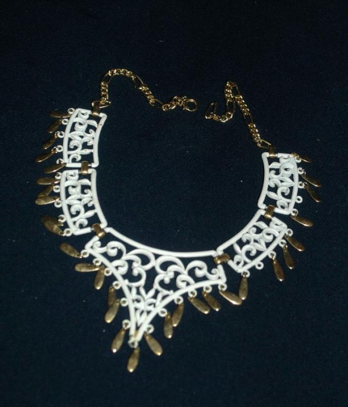 White Enamel Filigree ( Lattice Work) Necklace with Gold Dangles Vintage Boho Chic Free Shipping!