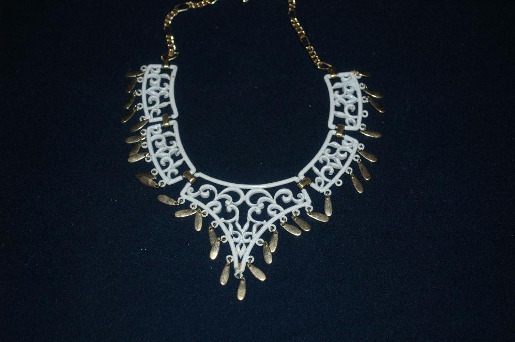 White Enamel Filigree ( Lattice Work) Necklace with Gold Dangles Vintage Boho Chic Free Shipping!