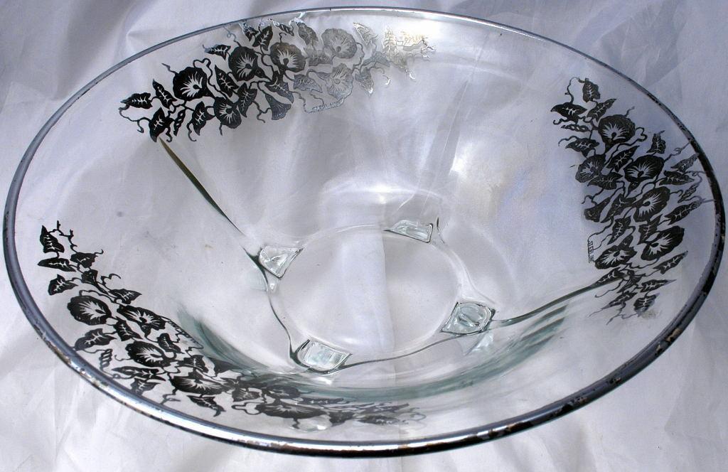 Art DECO Sterling Silver Morning Glories Overlay Glass Center Piece 4- foot Bowl Elegant Glassware Cambridge Glass
