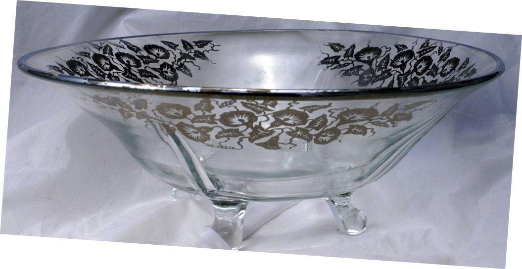 Art DECO Sterling Silver Morning Glories Overlay Glass Center Piece 4- foot Bowl Elegant Glassware Cambridge Glass