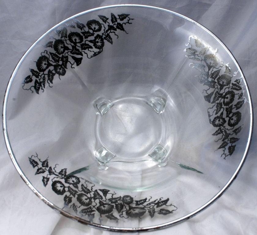 Art DECO Sterling Silver Morning Glories Overlay Glass Center Piece 4- foot Bowl Elegant Glassware Cambridge Glass