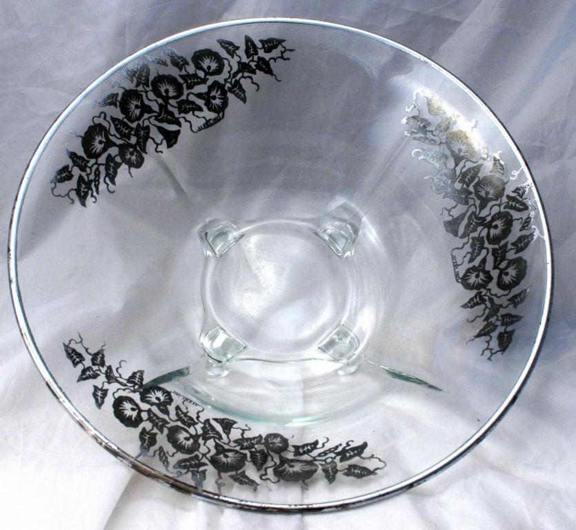 Art DECO Sterling Silver Morning Glories Overlay Glass Center Piece 4- foot Bowl Elegant Glassware Cambridge Glass