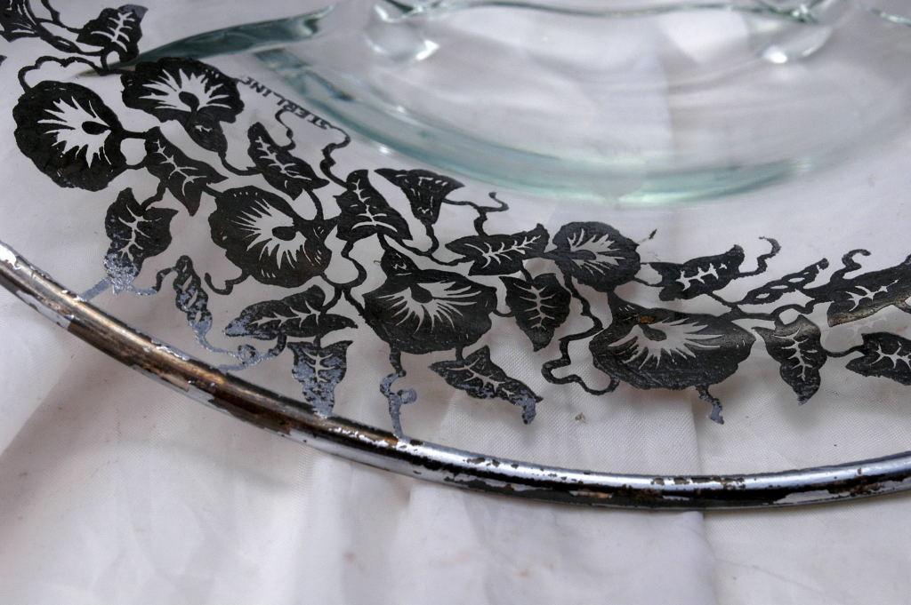 Art DECO Sterling Silver Morning Glories Overlay Glass Center Piece 4- foot Bowl Elegant Glassware Cambridge Glass