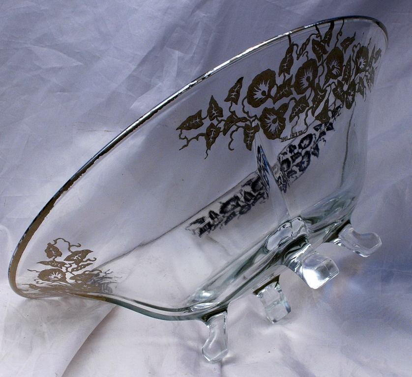 Art DECO Sterling Silver Morning Glories Overlay Glass Center Piece 4- foot Bowl Elegant Glassware Cambridge Glass