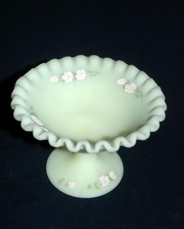 Satin Glass Compote Ruffled Edge by Fenton Glass Hand Painted by Linda Bules
