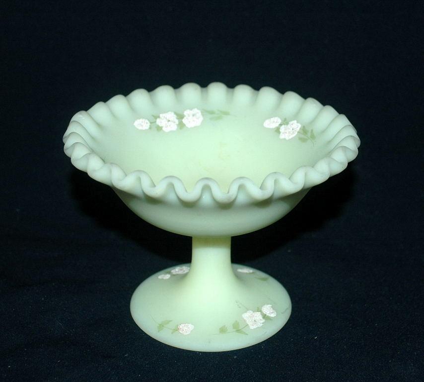 Satin Glass Compote Ruffled Edge by Fenton Glass Hand Painted by Linda Bules