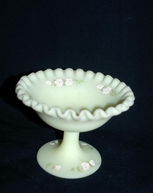 Satin Glass Compote Ruffled Edge by Fenton Glass Hand Painted by Linda Bules
