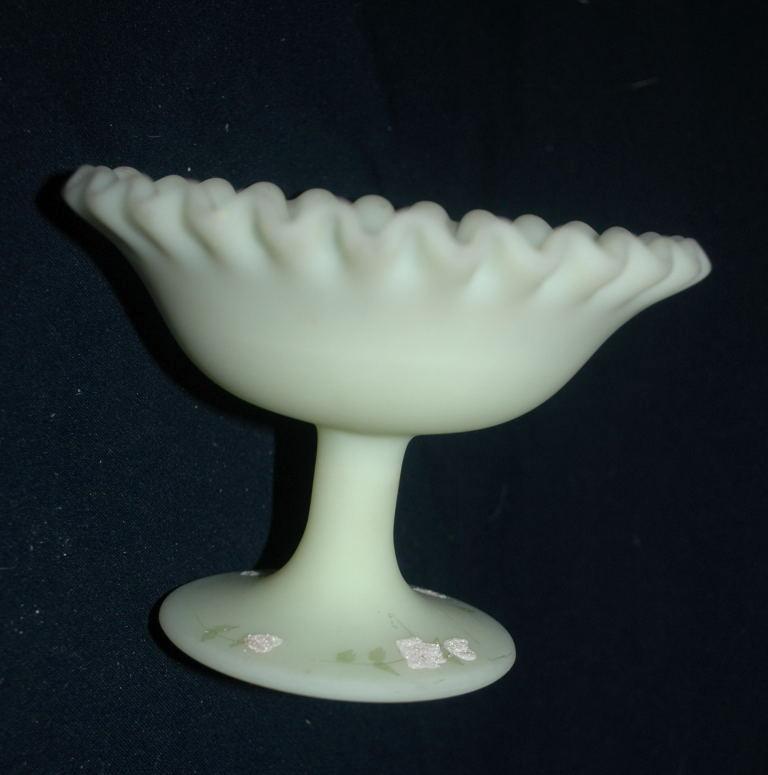 Satin Glass Compote Ruffled Edge by Fenton Glass Hand Painted by Linda Bules