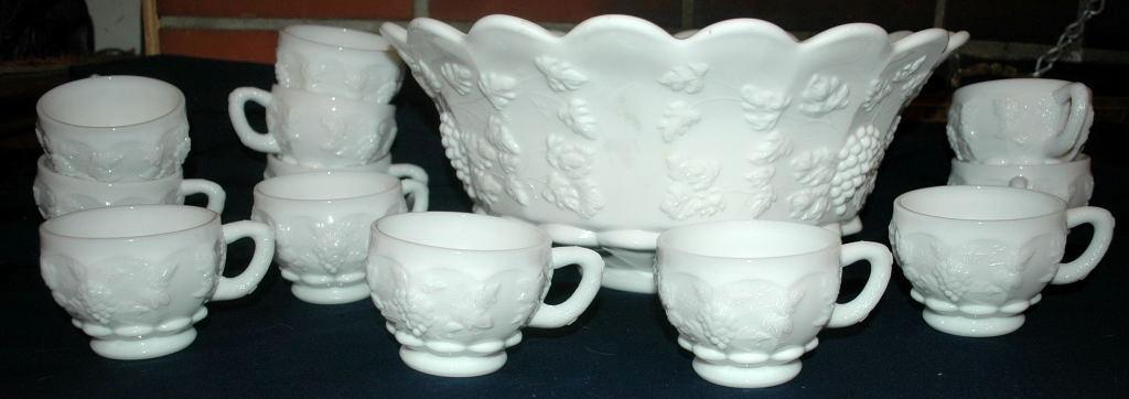 Westmoreland Milk Glass Paneled Grape Punch Bowl and Cups