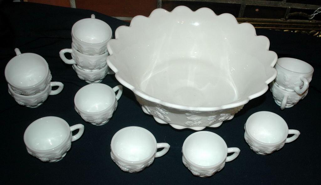 Westmoreland Milk Glass Paneled Grape Punch Bowl and Cups