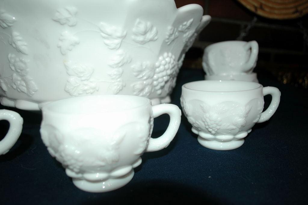 Westmoreland Milk Glass Paneled Grape Punch Bowl and Cups