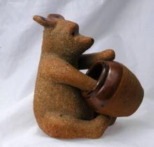 Hand Sculpted Stoneware Pottery Bear with Honey Pot / Old Pooh Bear - Art