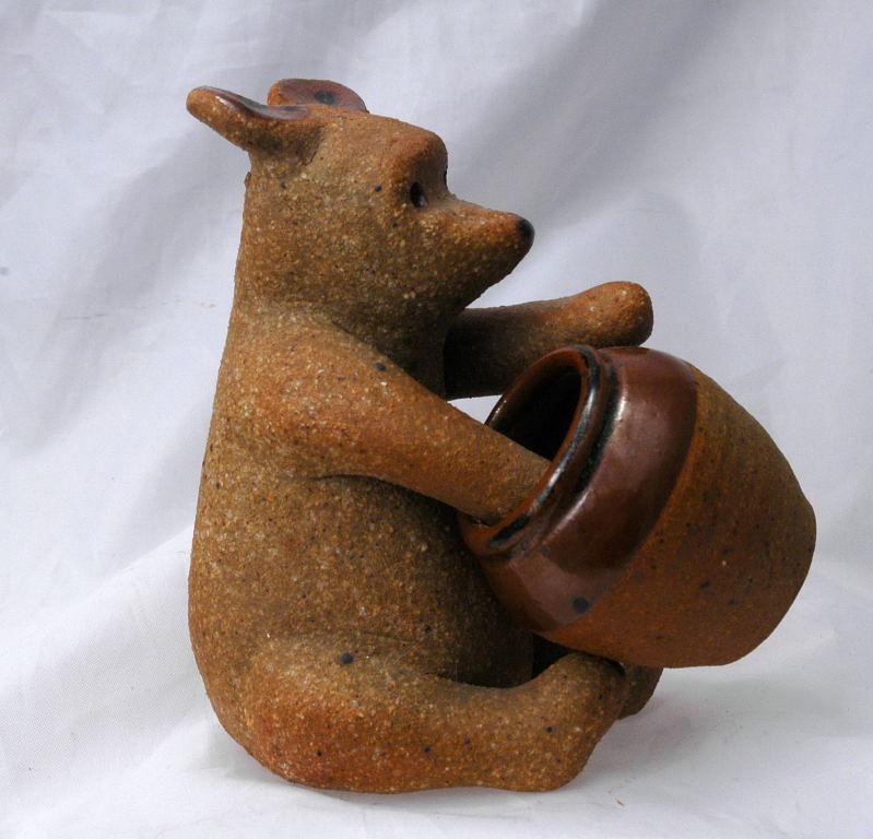 Hand Sculpted Stoneware Pottery Bear with Honey Pot / Old Pooh Bear - Art