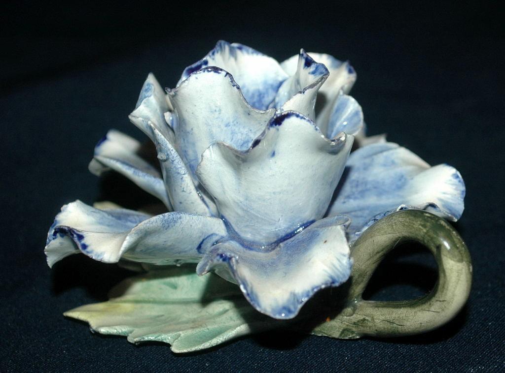 Napoleon Capodimonte Porcelain Blue Rose Candle Holder with Handle