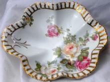 Silesia Germany Porcelain Bon Bon Dish Bowl Hand Painted Roses with Open Handle