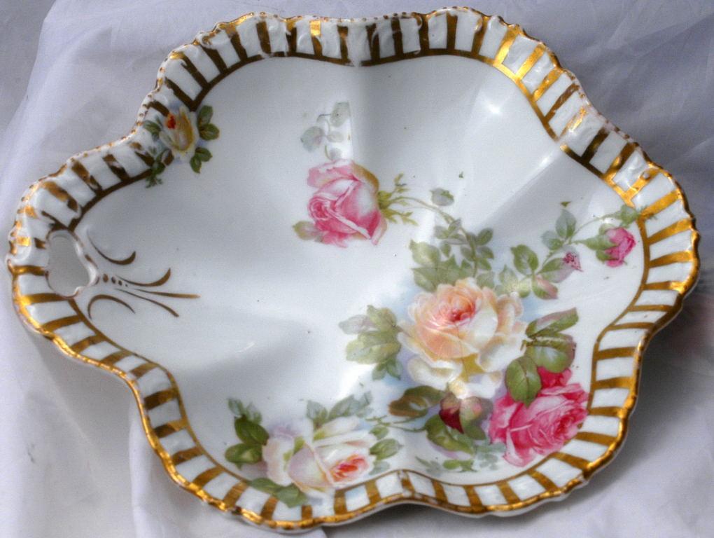 Silesia Germany Porcelain Bon Bon Dish Bowl Hand Painted Roses with Open Handle