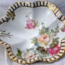 Silesia Germany Porcelain Bon Bon Dish Bowl Hand Painted Roses with Open Handle