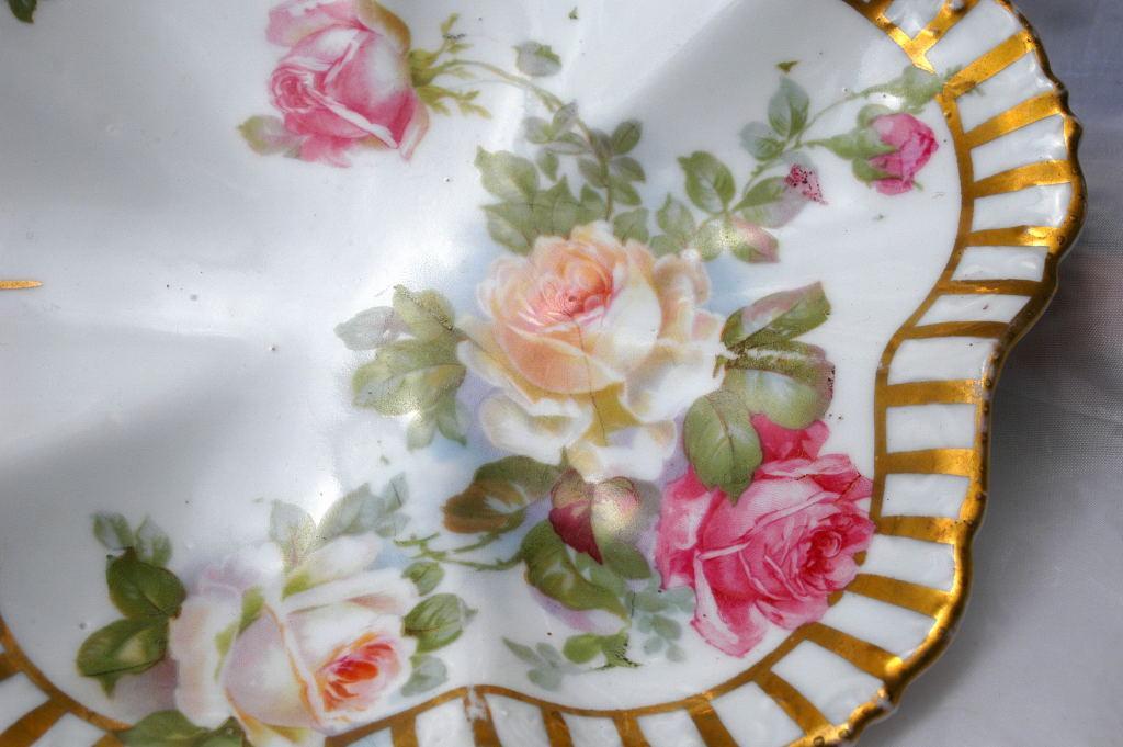 Silesia Germany Porcelain Bon Bon Dish Bowl Hand Painted Roses with Open Handle