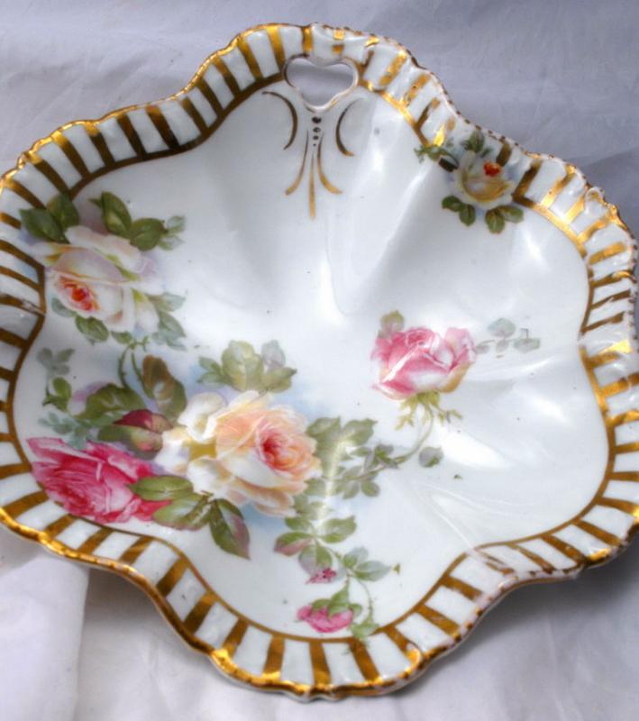 Silesia Germany Porcelain Bon Bon Dish Bowl Hand Painted Roses with Open Handle