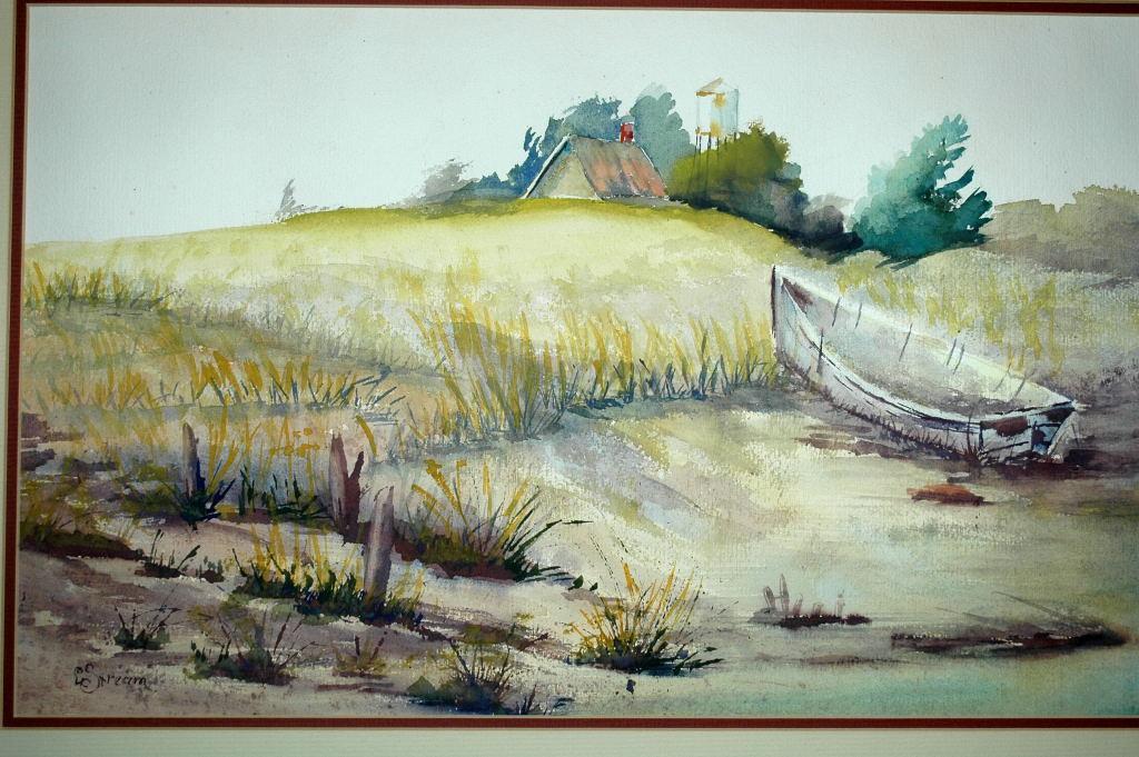 Large Row Boat Ashore Watercolor Painting. Signed