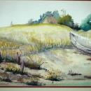Large Row Boat Ashore Watercolor Painting. Signed