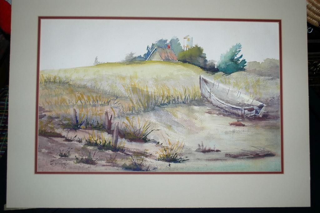Large Row Boat Ashore Watercolor Painting. Signed
