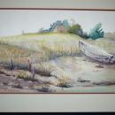 Large Row Boat Ashore Watercolor Painting. Signed