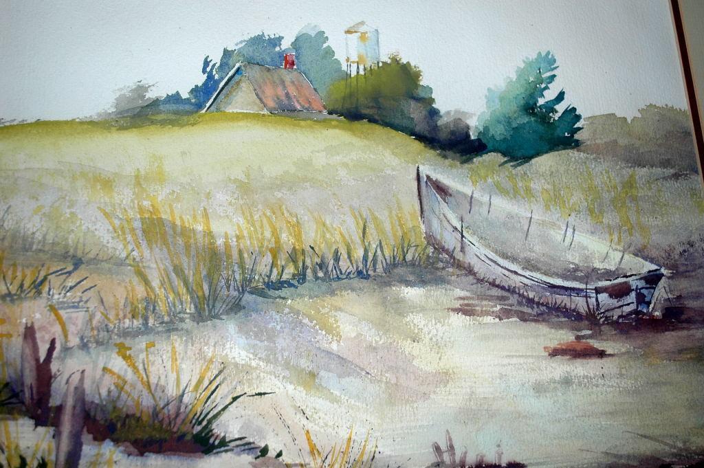 Large Row Boat Ashore Watercolor Painting. Signed