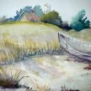 Large Row Boat Ashore Watercolor Painting. Signed
