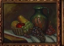 Still Life Fruit & Jug Painting by Frank Lean Oil on Board, Framed