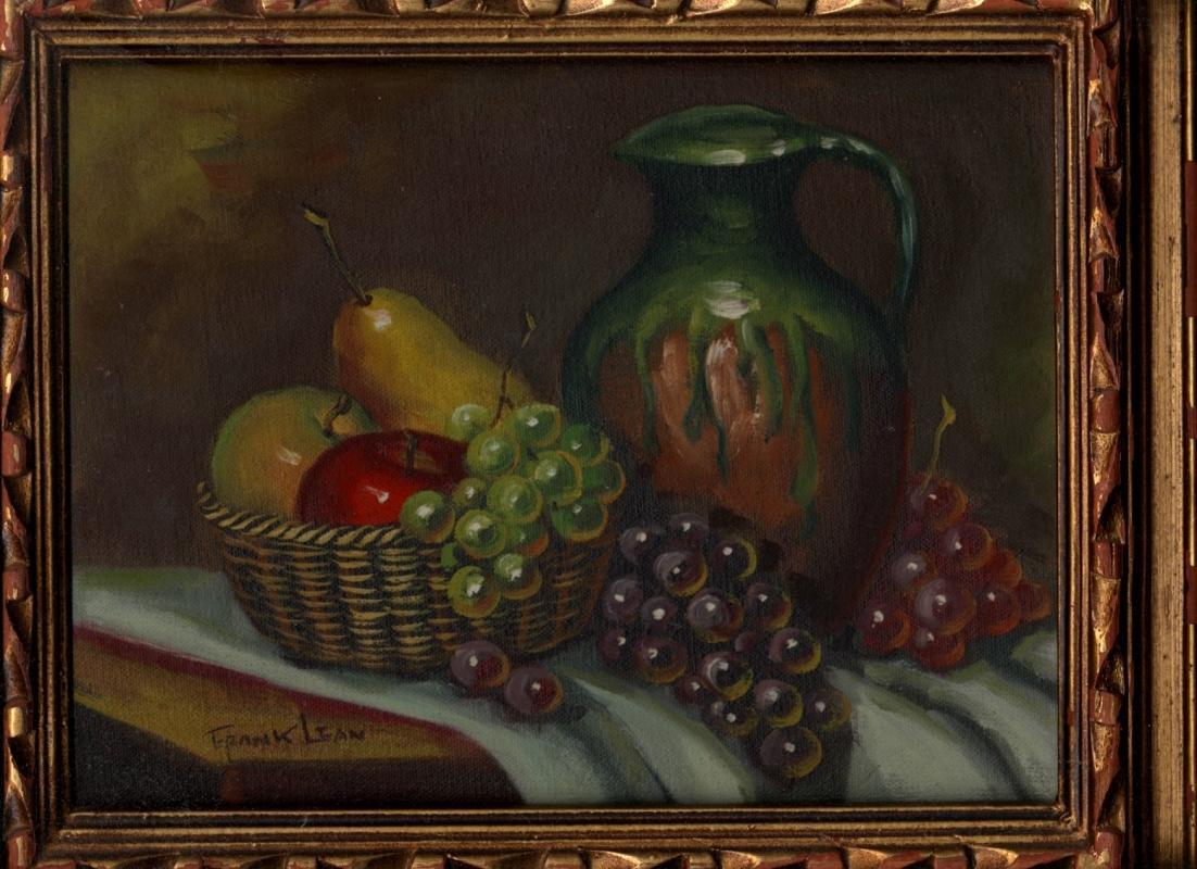 Still Life Fruit & Jug Painting by Frank Lean Oil on Board, Framed