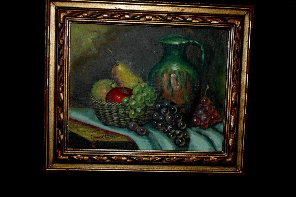 Still Life Fruit & Jug Painting by Frank Lean Oil on Board, Framed