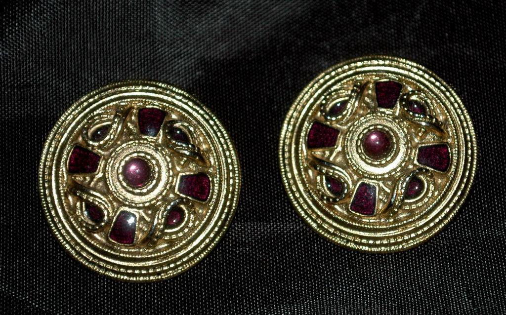Carol Dauplaise Large Gold & Amethyst Shield Disc Clip on earrings