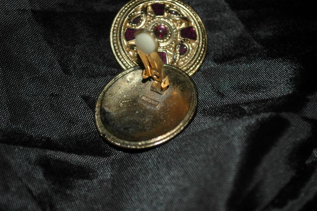 Carol Dauplaise Large Gold & Amethyst Shield Disc Clip on earrings