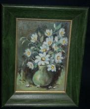 Small Framed Still LIfe Flower Bouquet in Vase Oil Painting Signed Parkey '74 Free Shipping