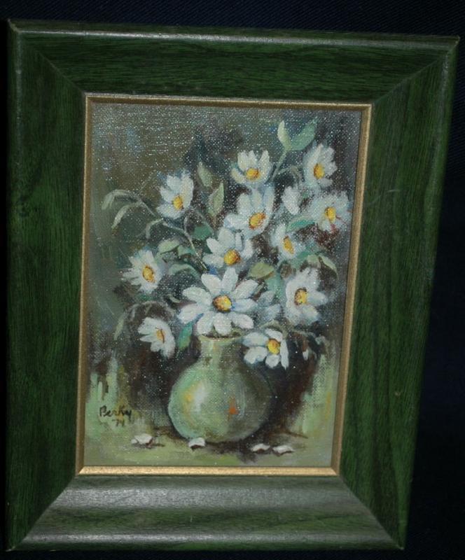 Small Framed Still LIfe Flower Bouquet in Vase Oil Painting Signed Parkey '74 Free Shipping