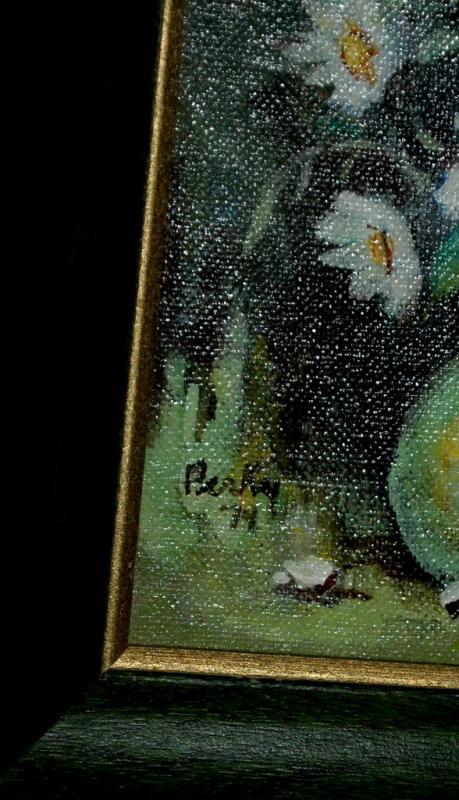 Small Framed Still LIfe Flower Bouquet in Vase Oil Painting Signed Parkey '74 Free Shipping