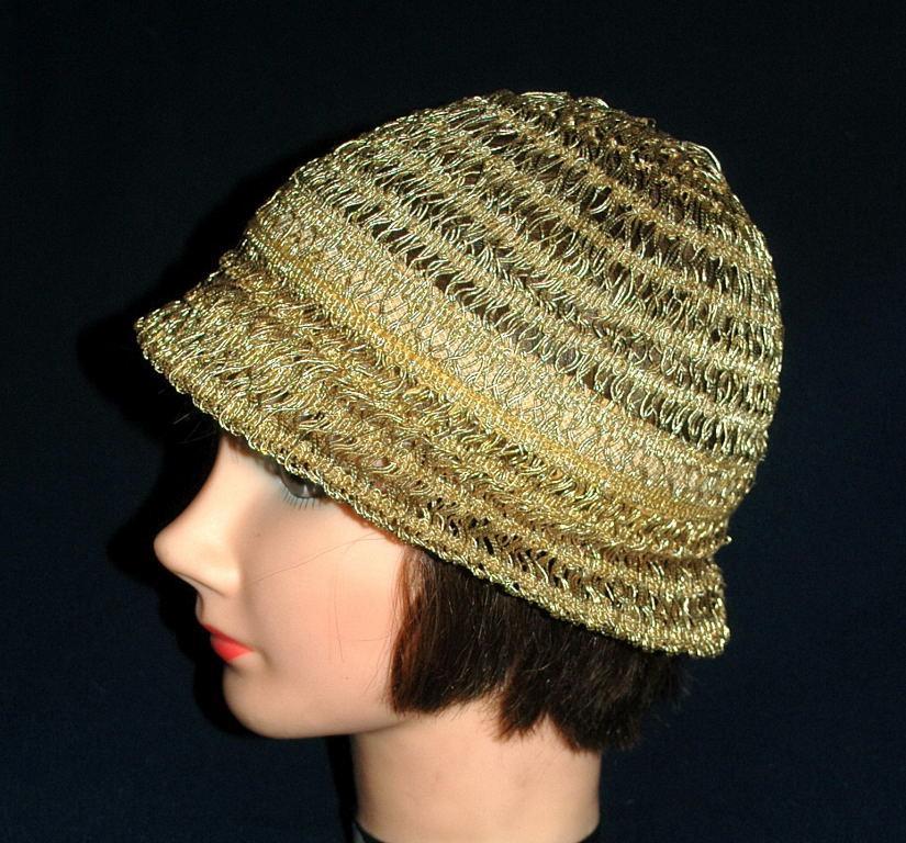 Vintage Metallic Gold Crochet Cloche Flapper Hat Free Shipping