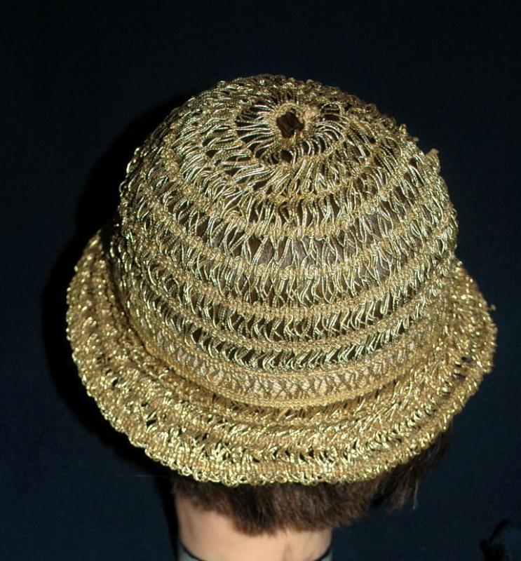 Vintage Metallic Gold Crochet Cloche Flapper Hat Free Shipping