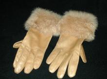 Ladies Leather Rabbit Fur Trimmed Gloves small Free Shipping
