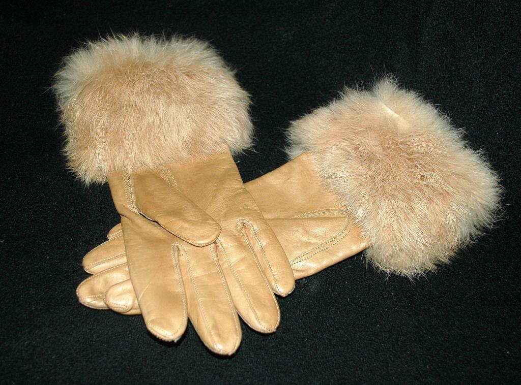 Ladies Leather Rabbit Fur Trimmed Gloves small Free Shipping